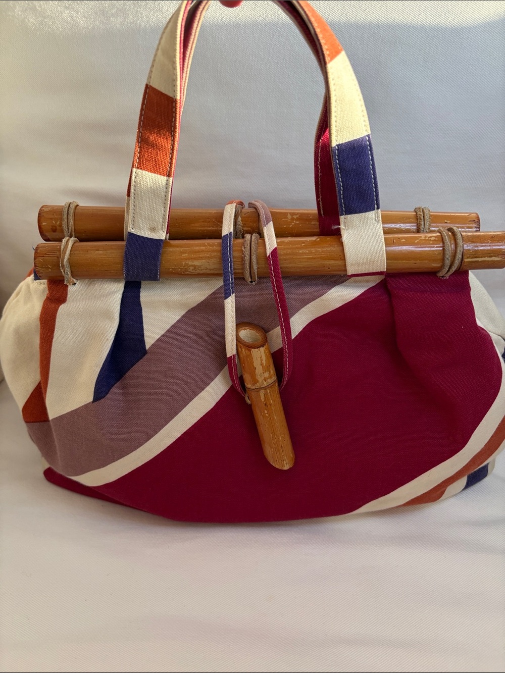 Canvas Bamboo-Handle Tote Bag in Magenta and Multi-Color